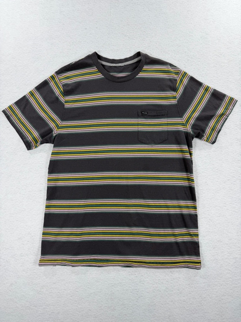 Volcom Men's Striped Pocket Tee - Purple with Green & Yellow Stripes Sz XL